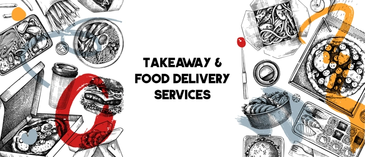 Takeaway and food delivery banner. Hand drawn vector illustration. Collage style background. Takeout food in paper box, fast food menu design. Pizza, burger, coffee, noodles, poke, sushi sketch